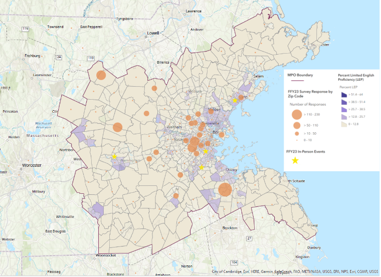 Map depicting the geographic distribution of survey responses (by zip code) for all FFY 2023 surveys in relationship to the distribution of the limited-English proficiency (LEP) population in the Boston region. The map also includes points where in-person events were held during FFY 2023. In person events were held in areas with a medium to high LEP population, but survey responses overlap less with this population, particularly outside of the inner core.
